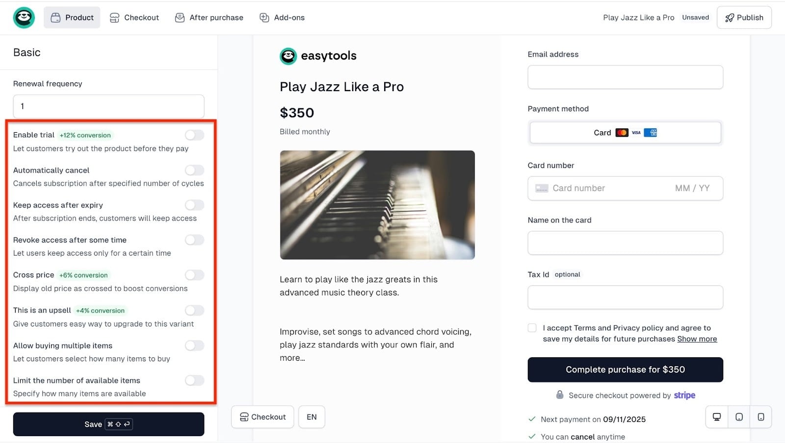 Product settings showing trial and upsell options