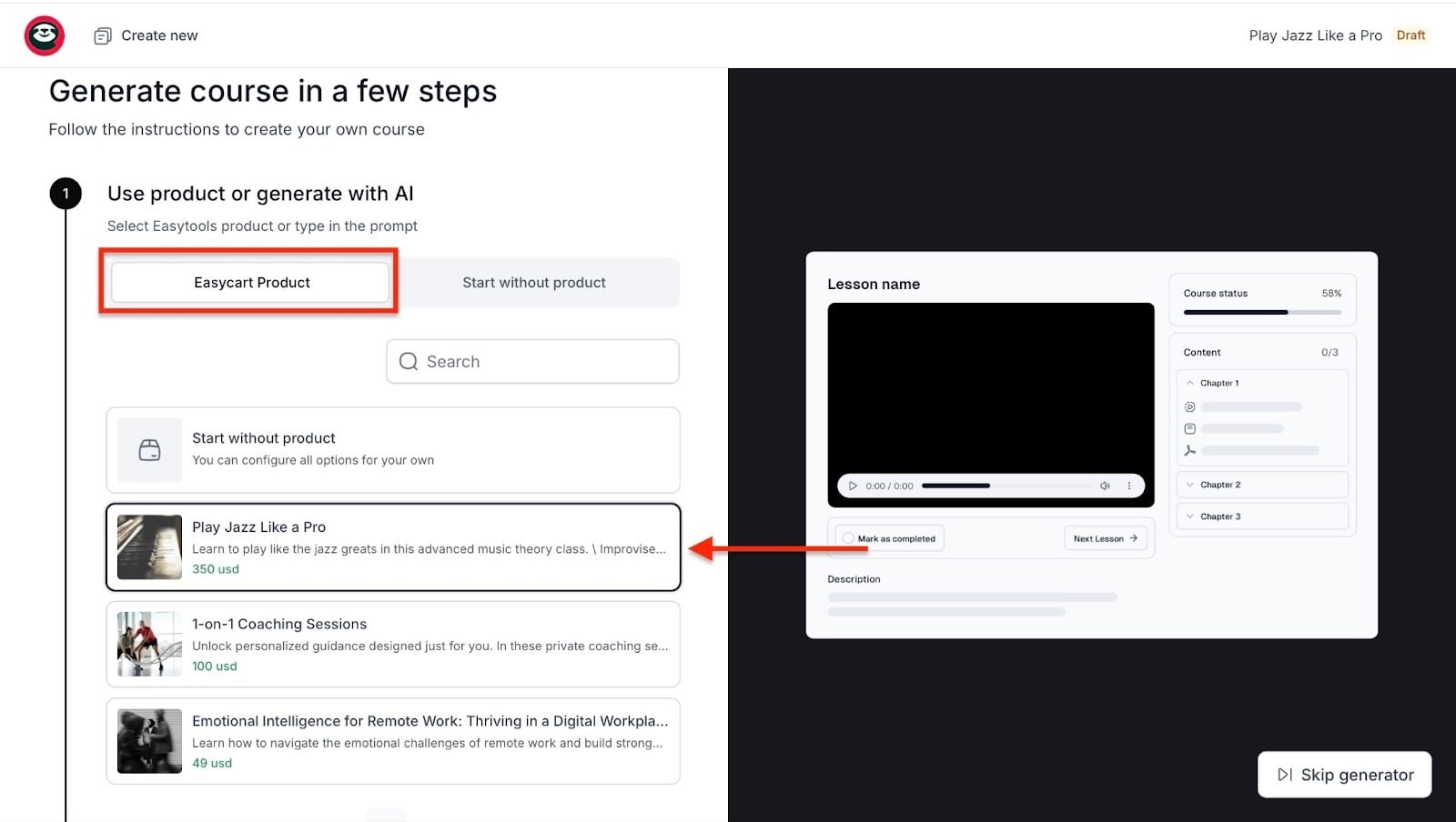 Easytools: digital product showing “Generate” — branding settings