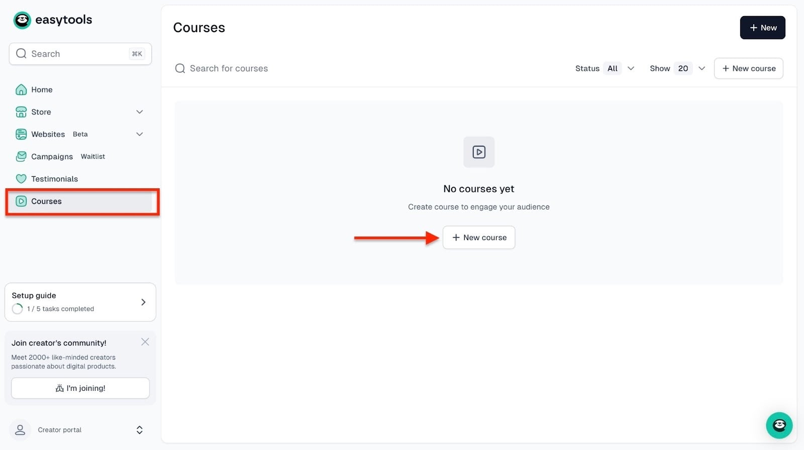 Easytools: course builder showing “Courses”