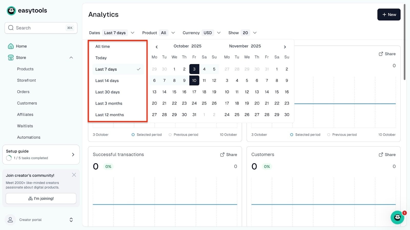 Date range filter in analytics panel