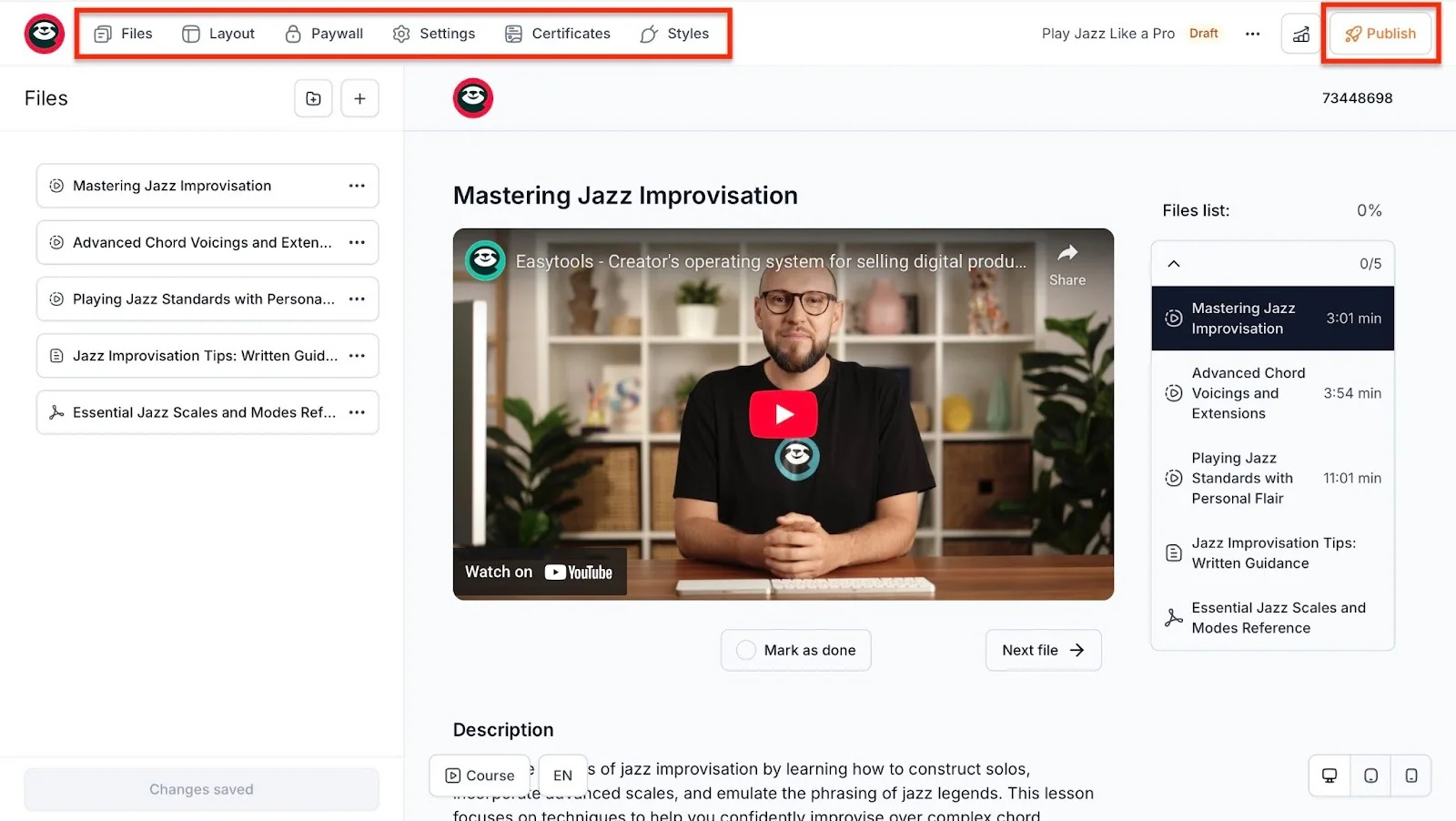 Course editor with video and publish option