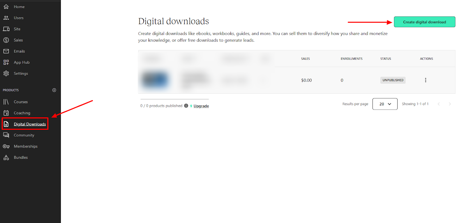Best patreon alternatives dashboard showing digital downloads tab and create product button for creators