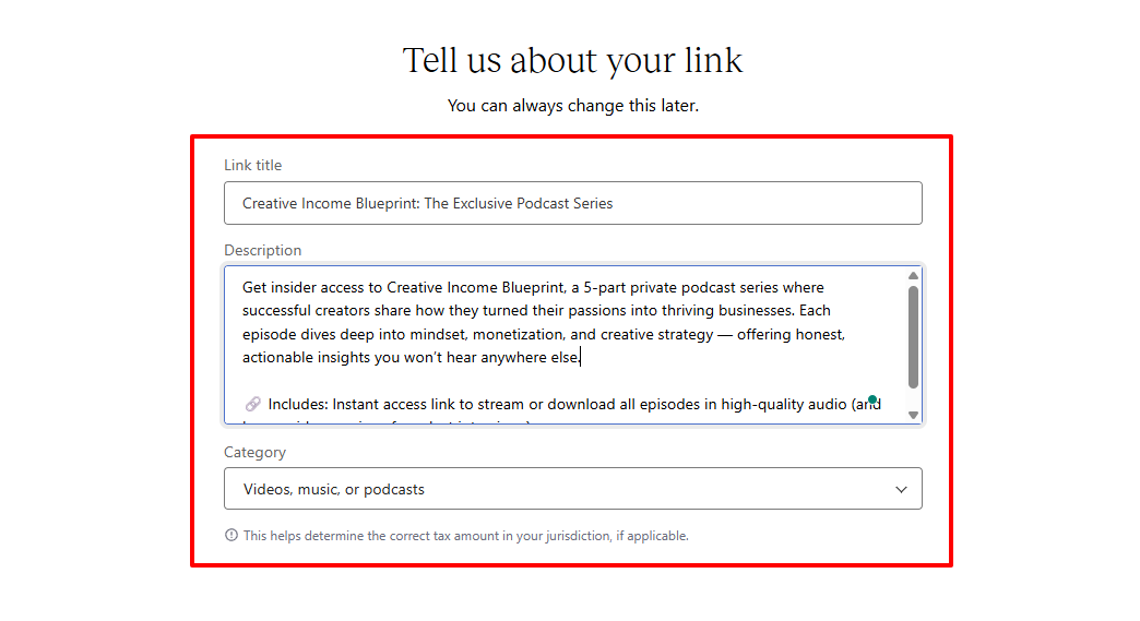 Form page showing fields to add link title