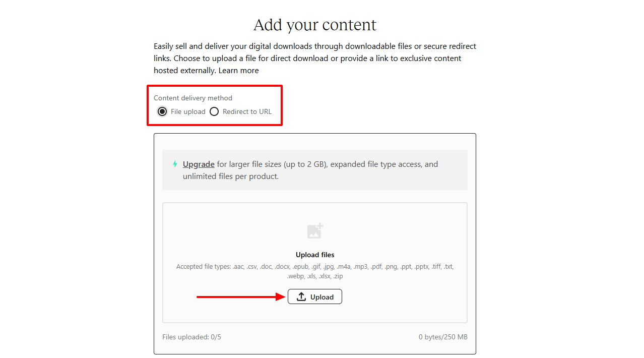 Content upload interface file delivery options