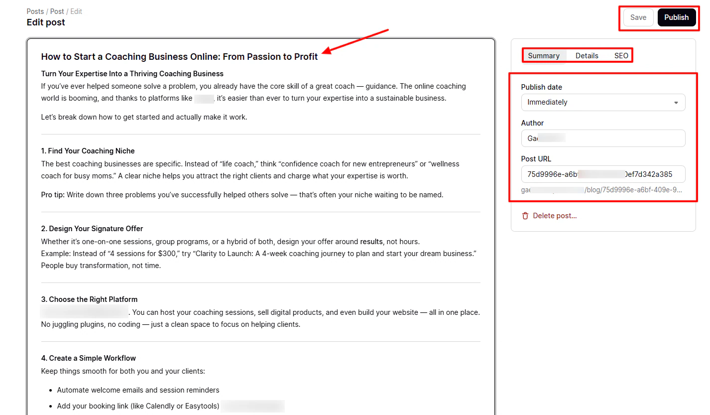Edit post showing blog editor