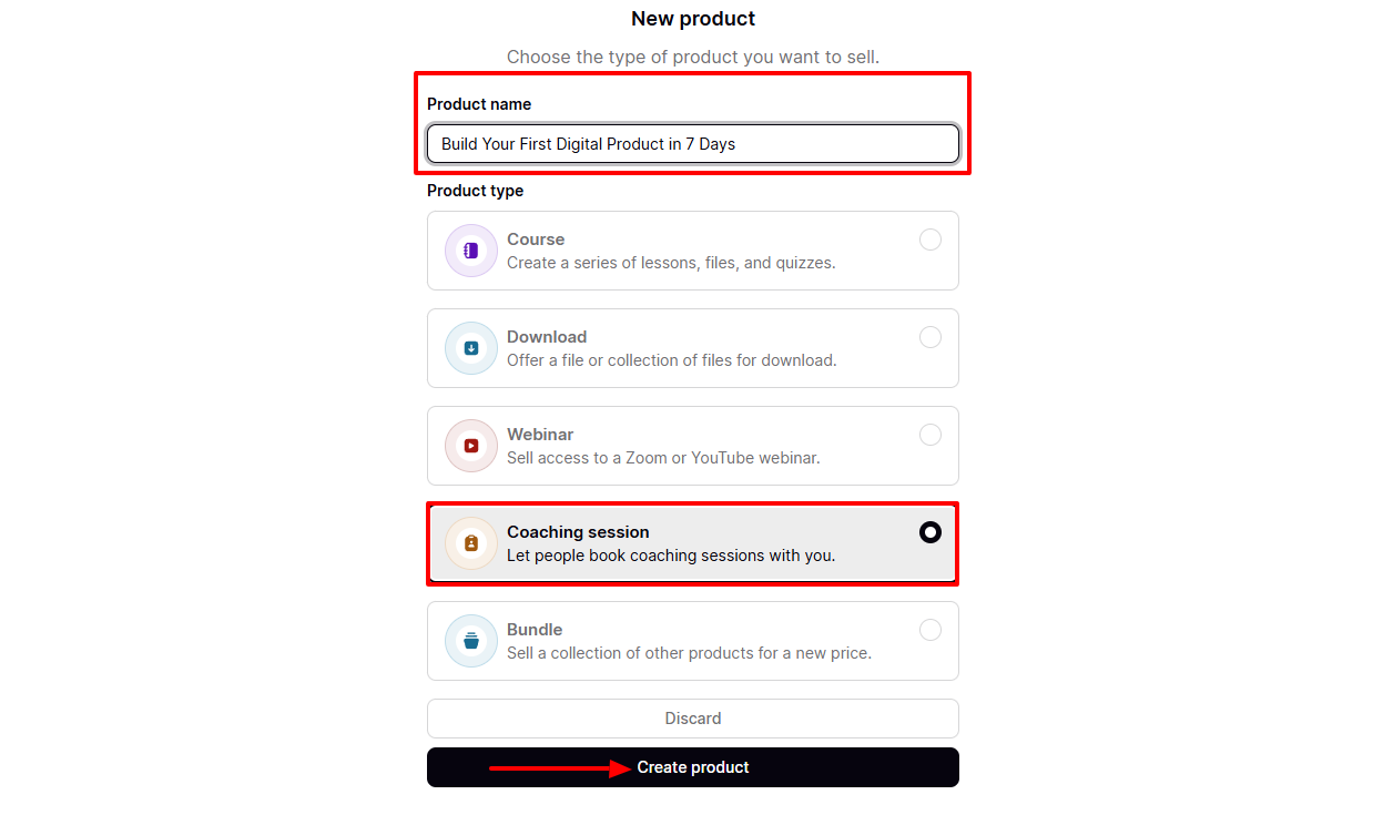 New product setup page showing a filled product name