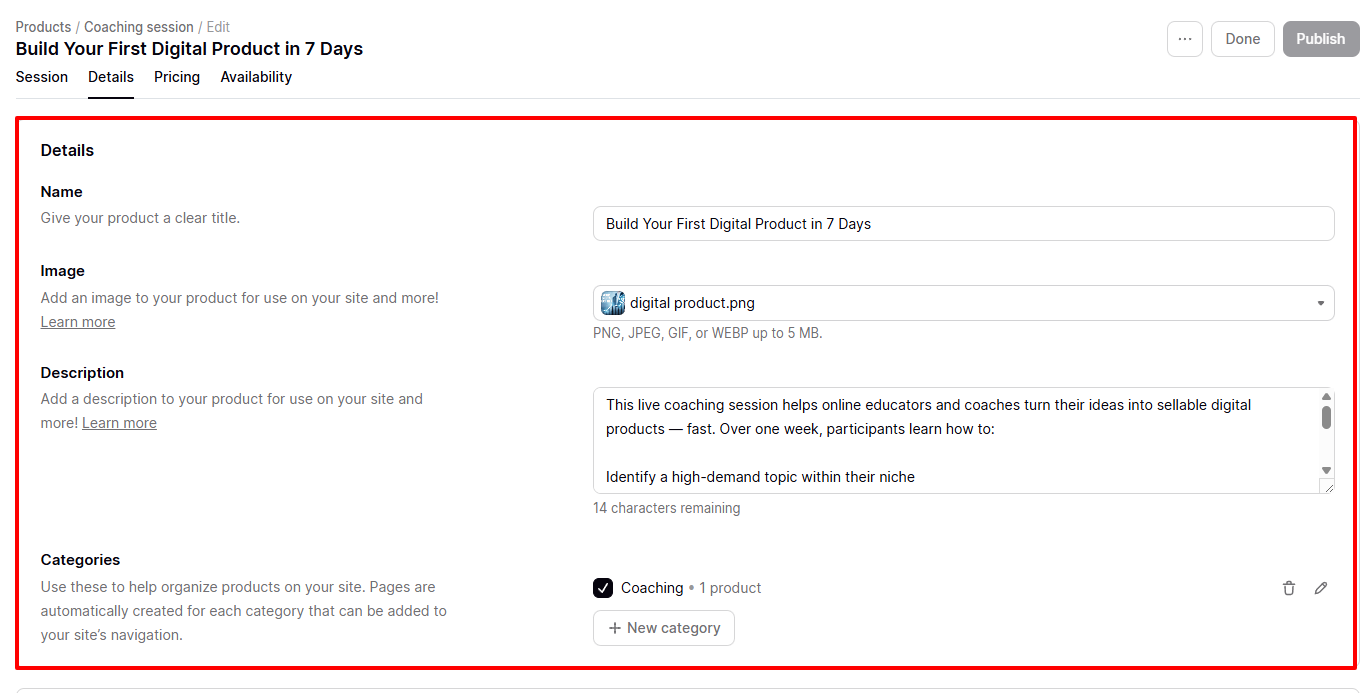 Edit page showing product name image and description fields
