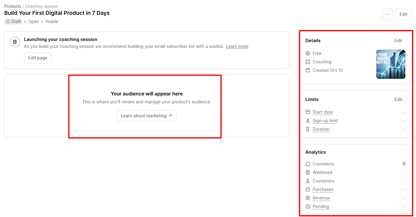 Dashboard view showing details audience