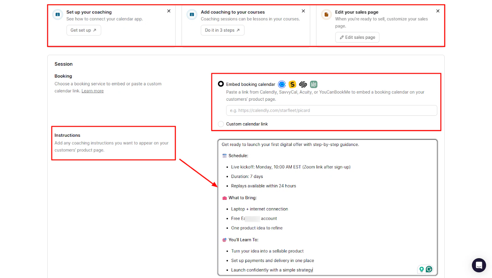 Coaching session setup page displaying booking calendar