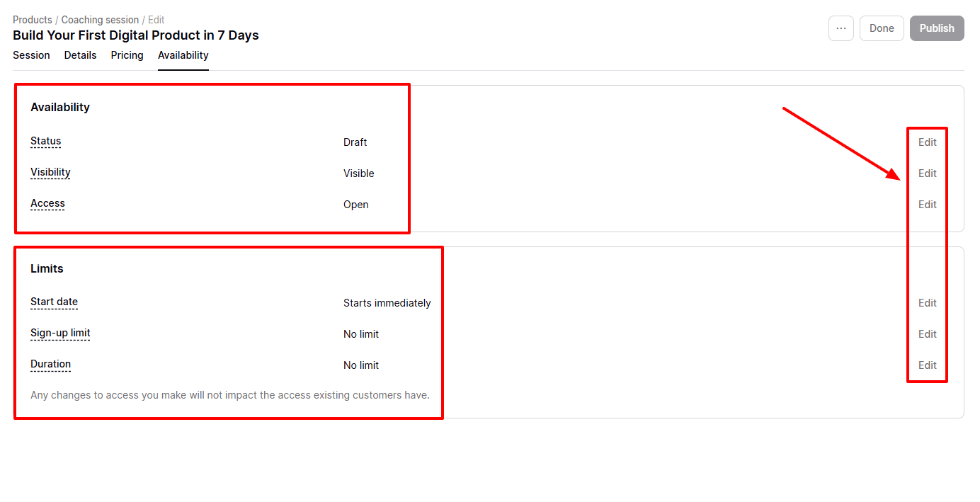 Availability settings page showing drafts status