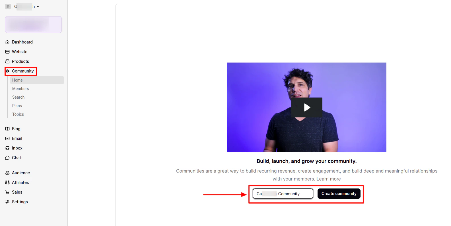 Community creation page showing a video guide