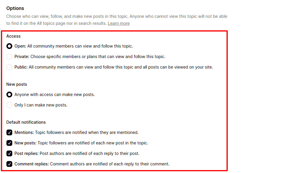 Settings panel access options and permissions