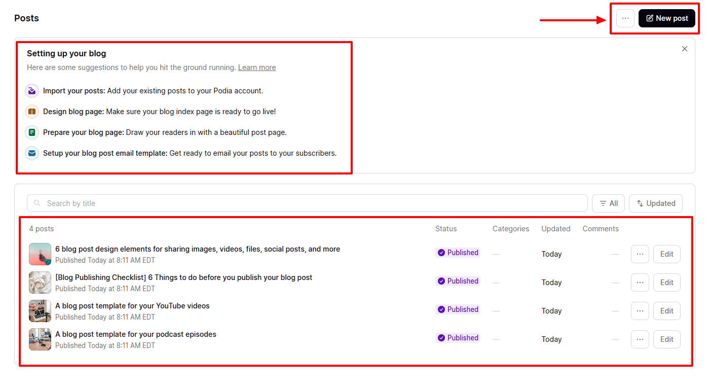 Dashboard showing published blog posts