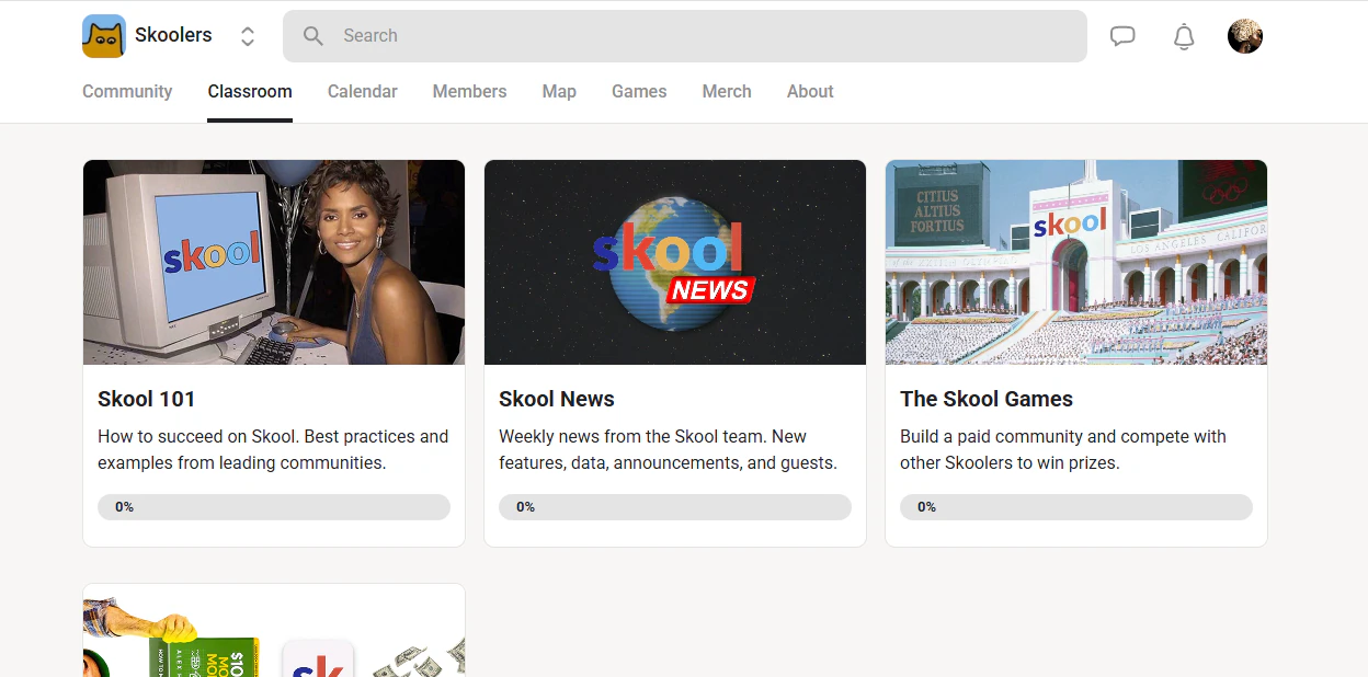Skool classroom dashboard showing featured learning courses and community programs