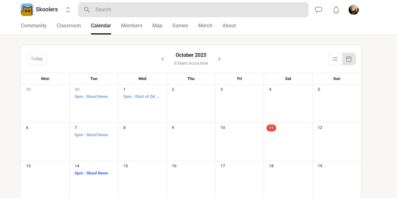 Scheduled community events and upcoming skool news sessions