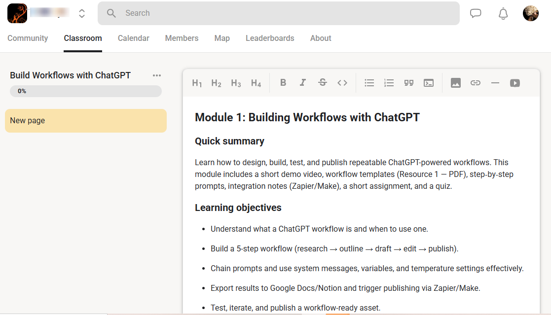 Skool: course builder screenshot