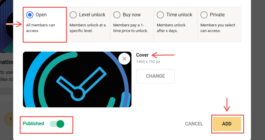 Course creation settings showing open access and published status enabled