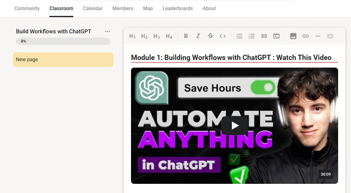 Best patreon alternatives course displaying embedded chatGpt tutorial video