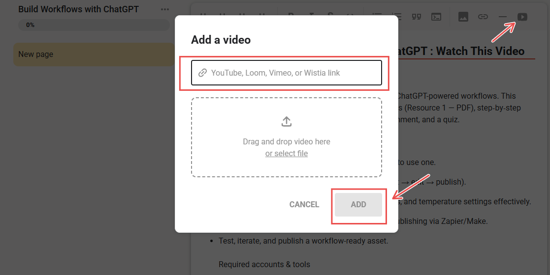 Popup for adding a video using Youtube Loom Vimeo or Wistia link