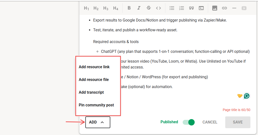 Options menu showing add resource link file or transcript in course editor
