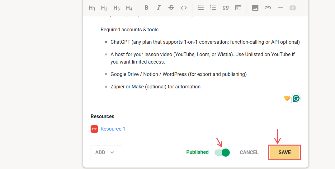 Save your published course in Skool