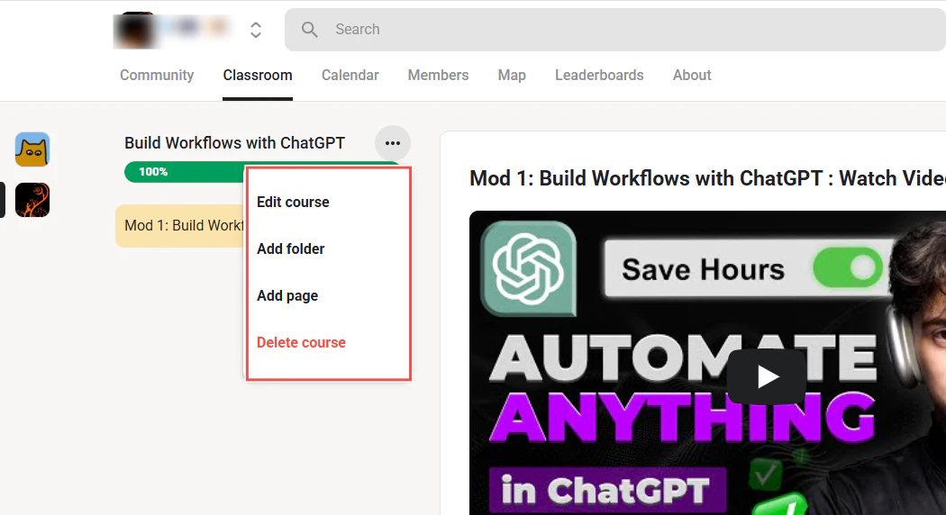 Course options showing edit add folder add page and delete actions