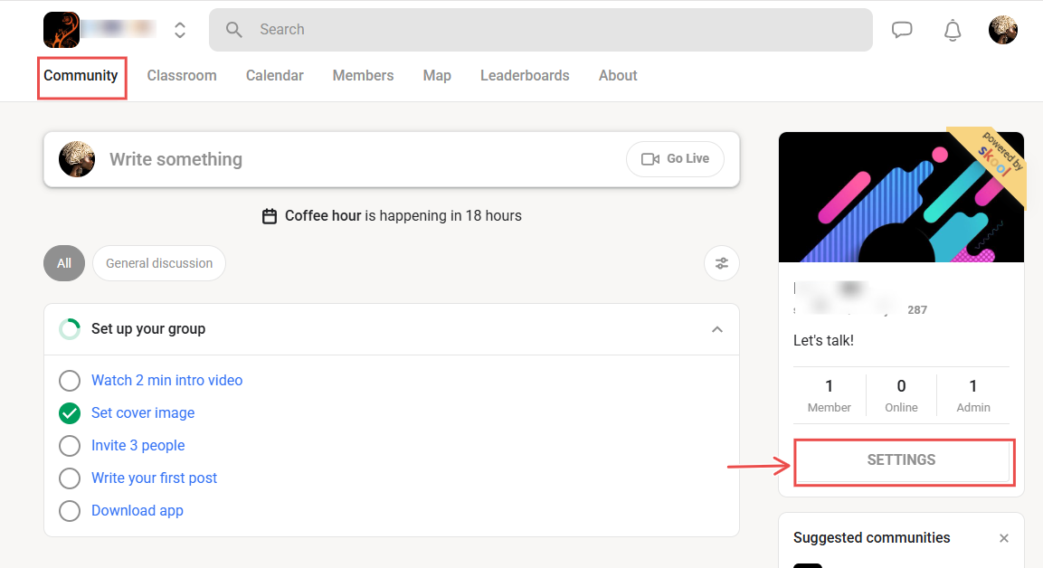 Community dashboard showing setup checklist and settings button