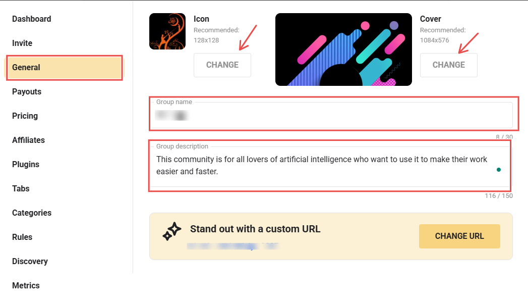 General settings page showing group icon cover and description fields