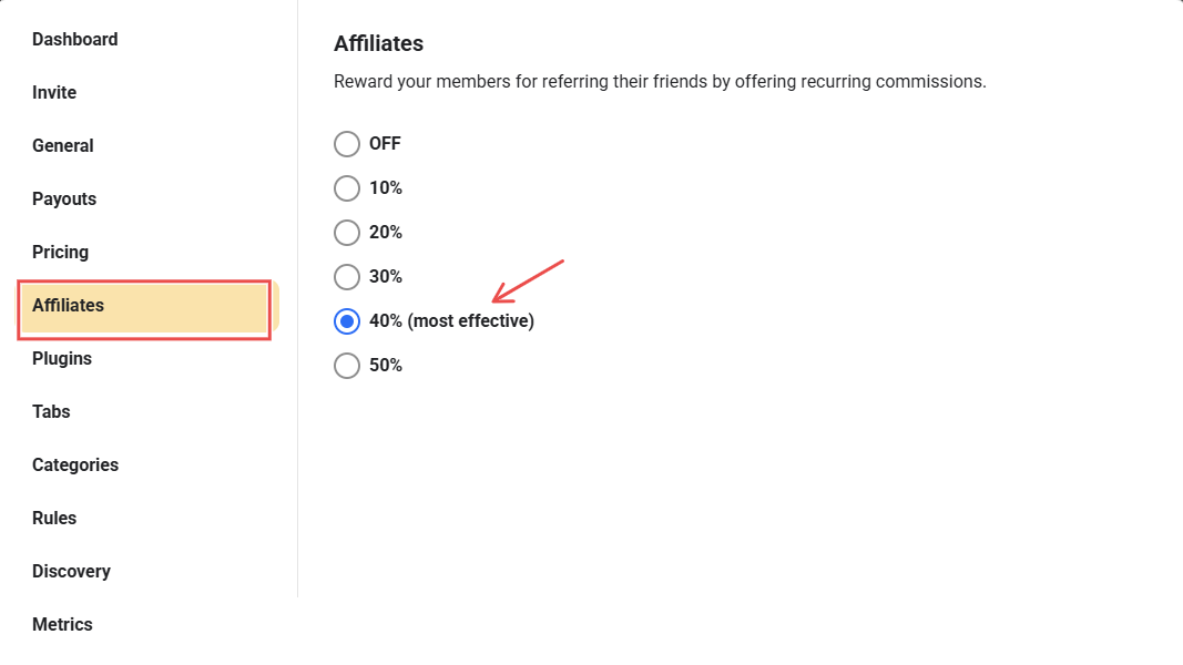 Affiliate settings page showing percent commission option selected