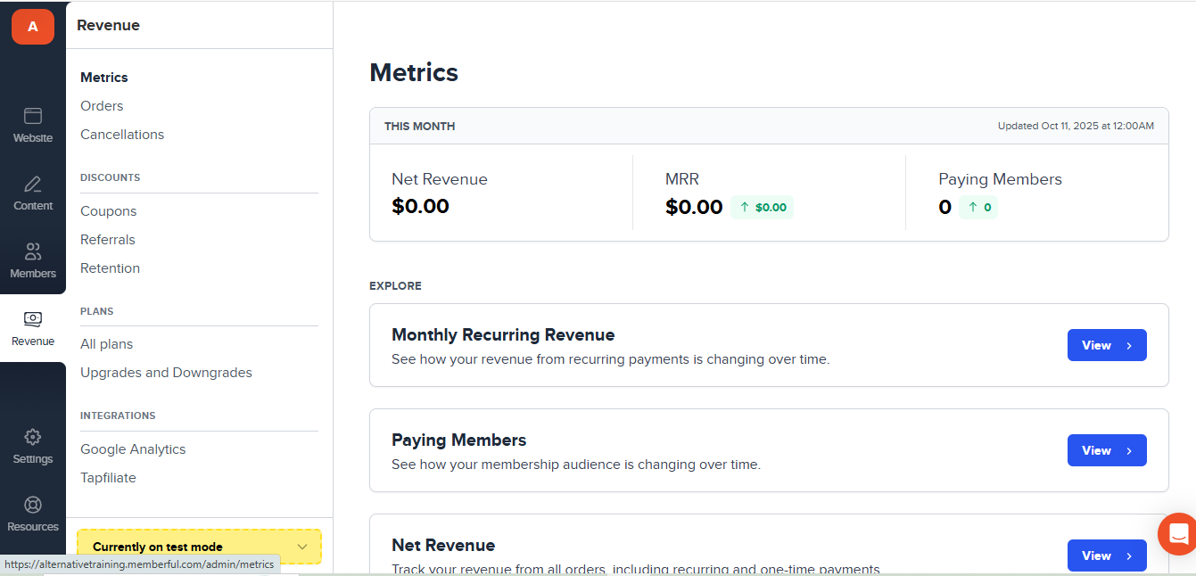 Revenue metrics dashboard showing ... revenue MRR and paying members