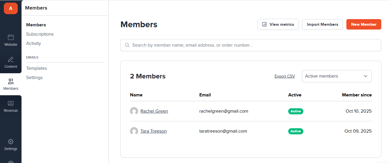 Members dashboard showing active subcribers list with names and emails