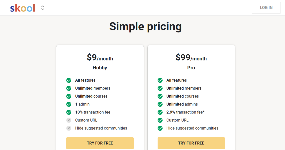 Skool pricing page comparing