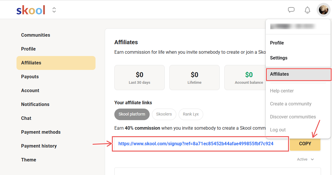Affiliate dashboard showing referral link and commission summary