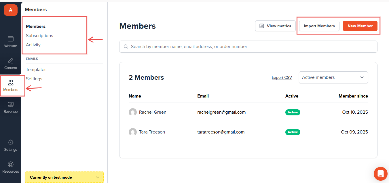 Members dashboard showing active users management