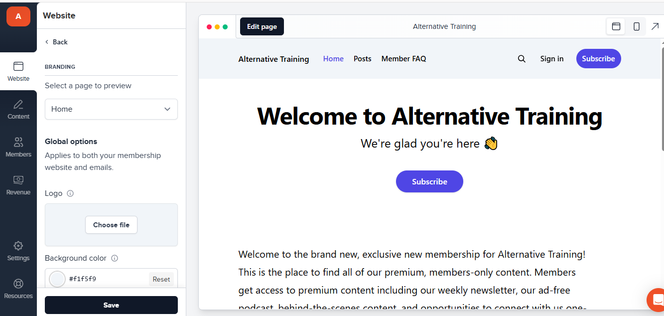Website branding editor showing logo and background customization.