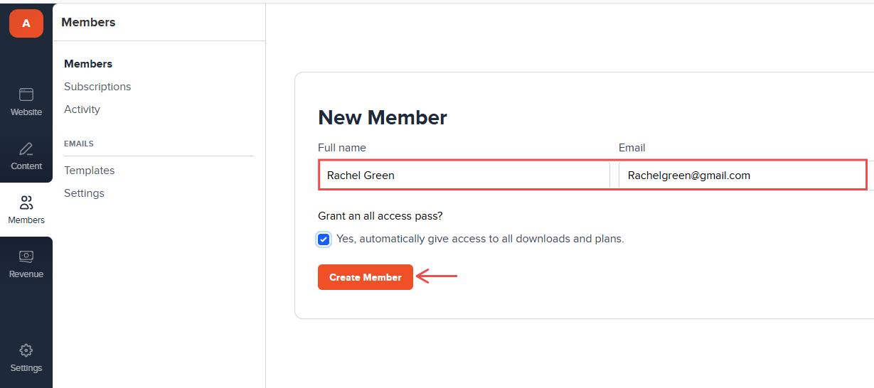 Form for adding a new member with name and email fields