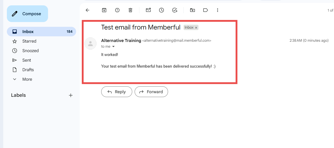 Test email confirmation showing successful delivery message