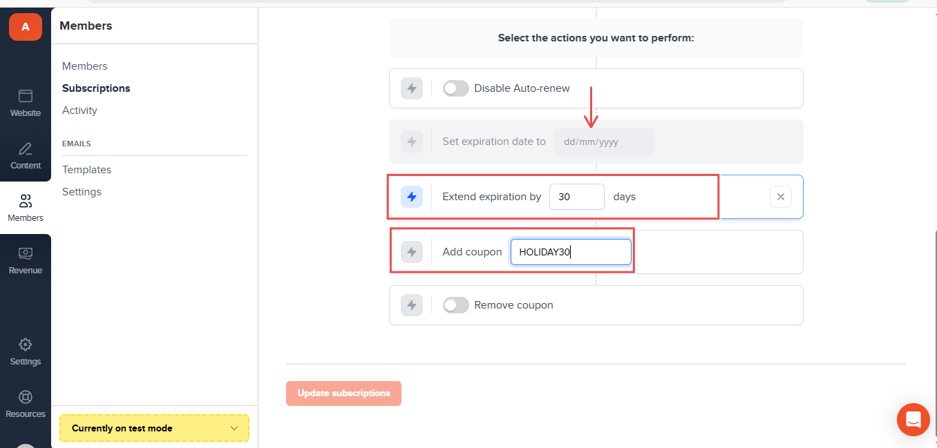 Subscription management options with coupon and expiration settings