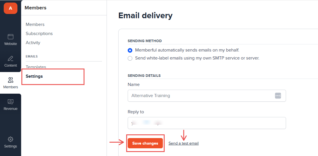 Email delivery settings with save and test options visible