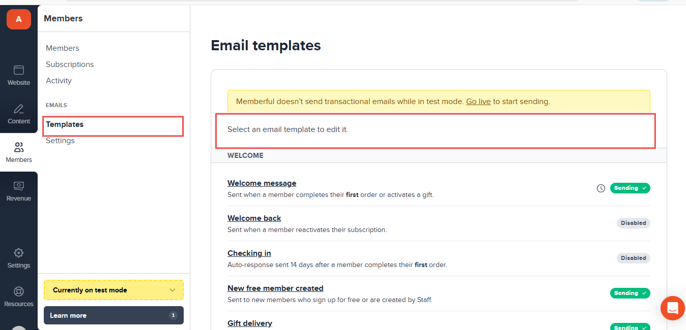 Email templates dashboard showing editable message options