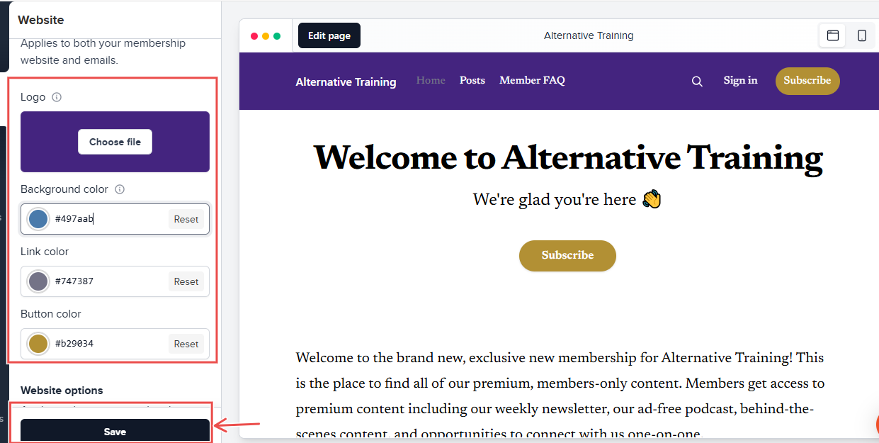Website customization panel showing logo and color options
