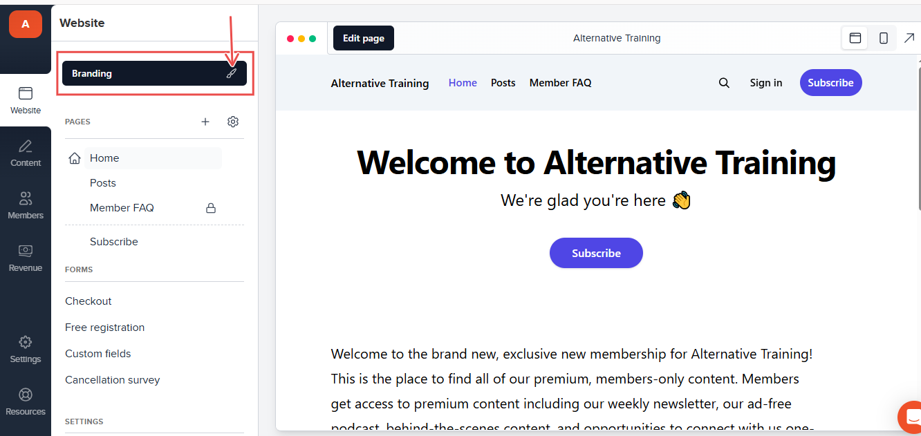 Website editor showing branding and page layout customization options