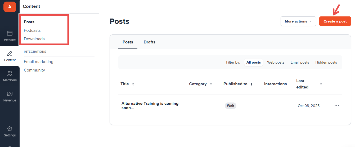 Posts dashboard with create a post option
