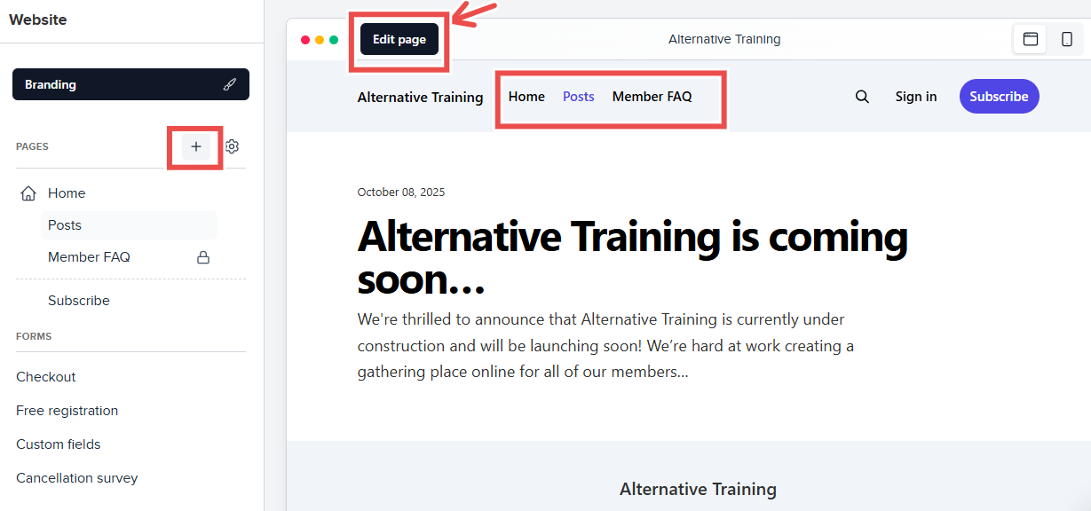 Website editor showing navigation and page creation options