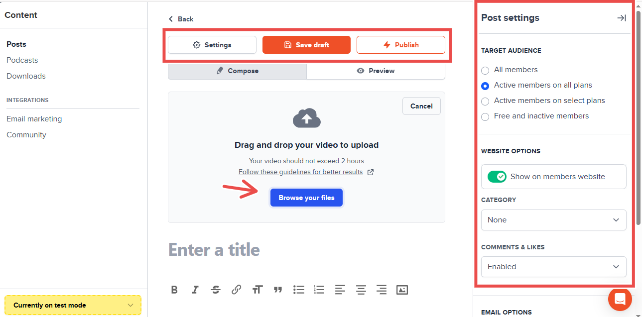 Post editor with upload settings and publish options
