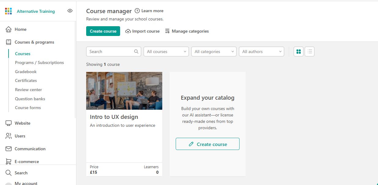 Course manager dashboard displaying a UX design course
