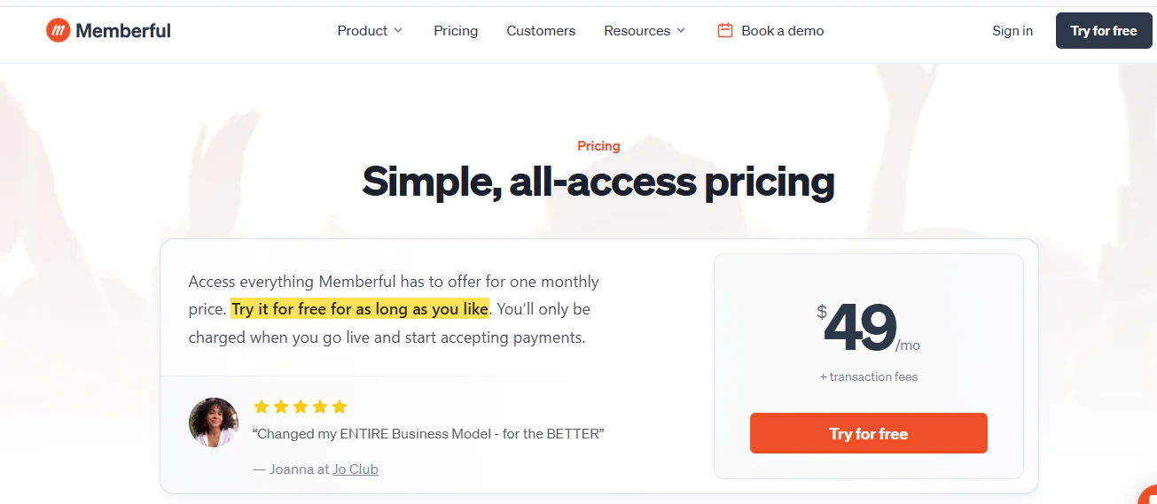 Memberfull pricing page offering monthly plan with free trial
