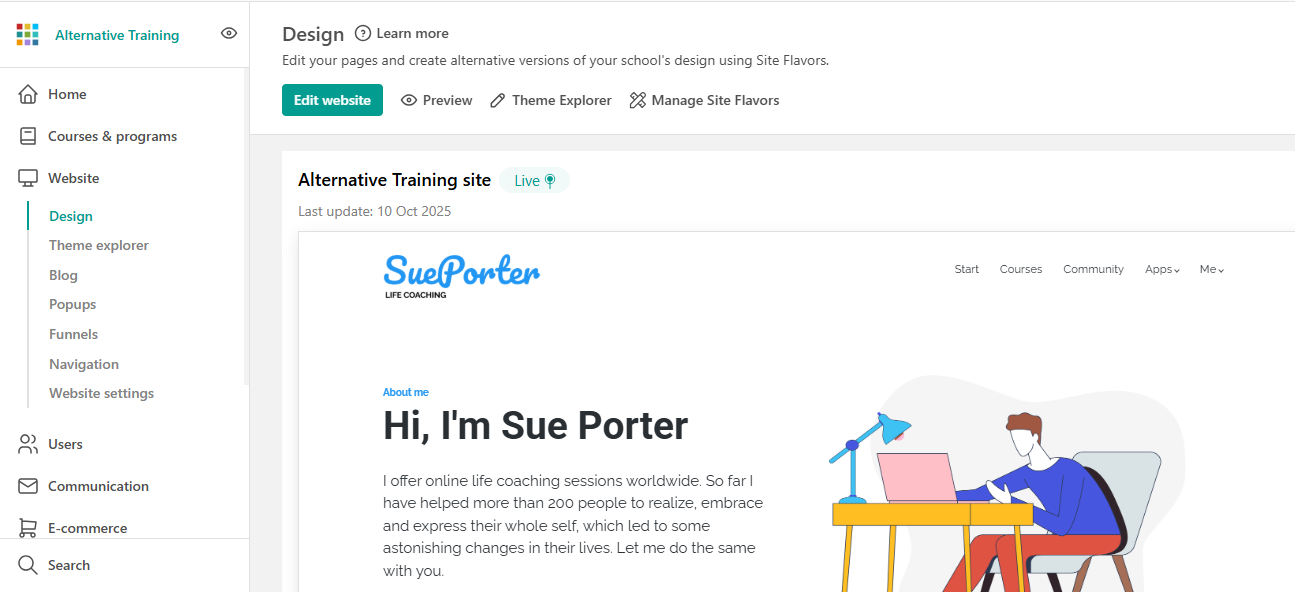 Website design dashboard showing a live coaching homepage