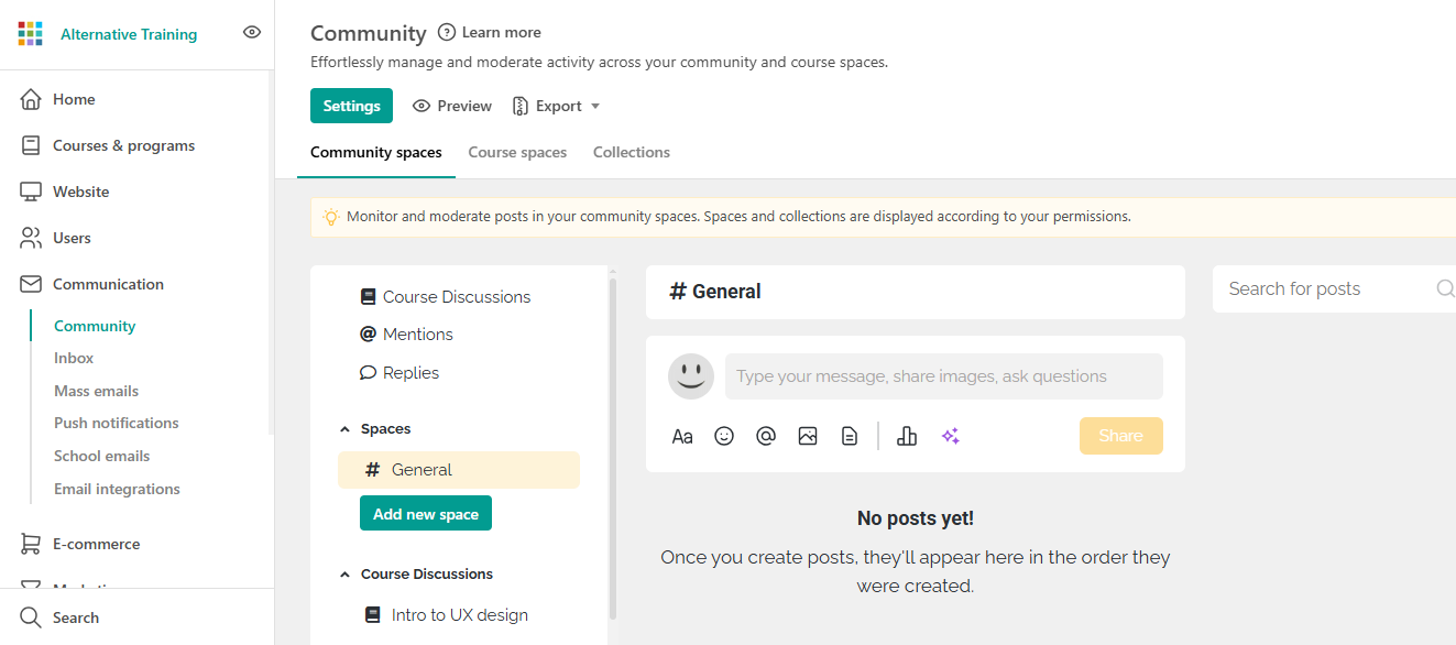 Community dashboard showing general discussion