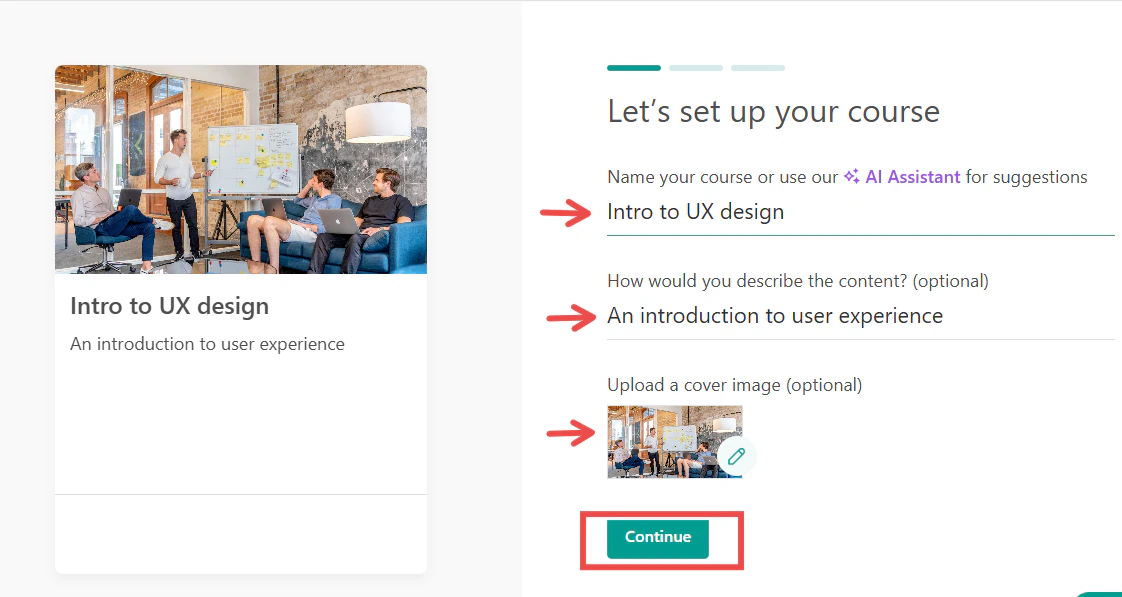 Course setup page showing title